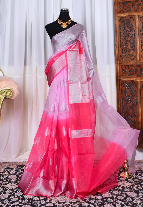 Pink Kora Organza Ombré Silver Zari Banarasi Saree
