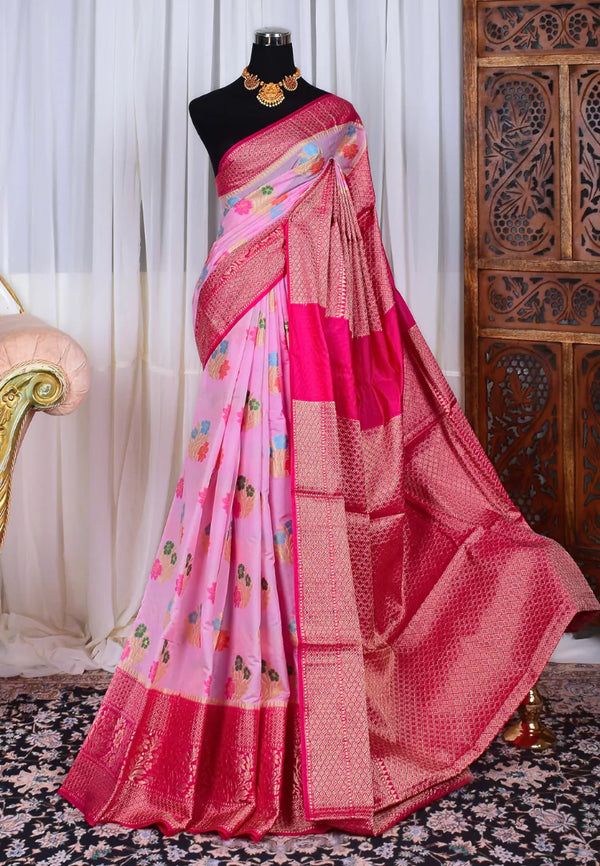 Pink Semi Georgette Meena Floral Butta Banarasi Saree