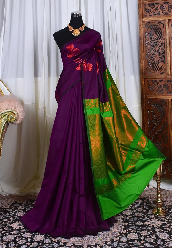 Purple Green Soft Silk Borderless Premium Butta South Saree