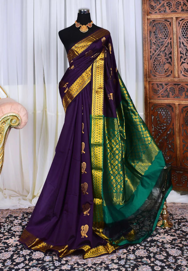 Purple-Green Soft Silk Premium Patta Border South Saree