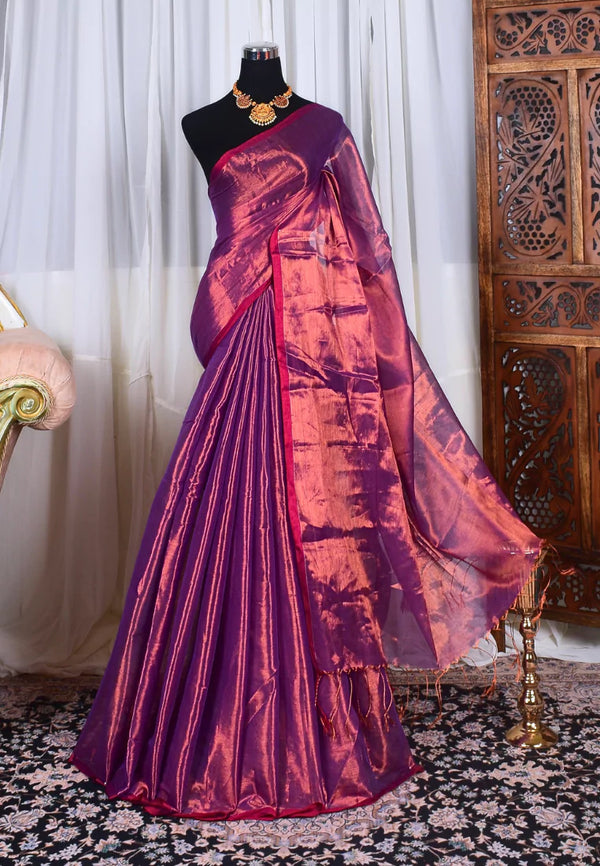 Purple Handspun Pure Cotton Tissue With Zari Plain Bengal Saree