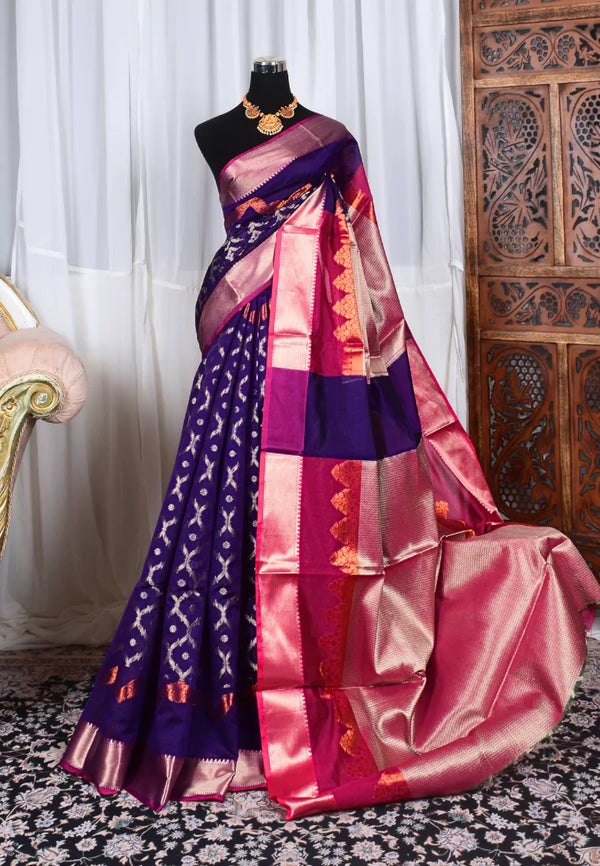 Purple Silver Silk Cotton Contrast Pink Pallu Blouse Banarasi Saree
