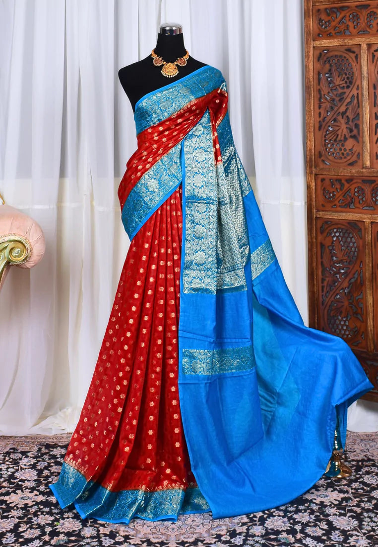 Red Blue Semi Georgette Butti Body Contrast Pallu Banarasi Saree ...