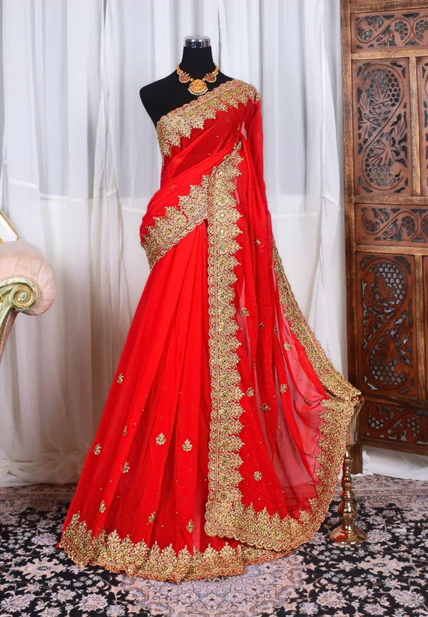 Red Gold Weightless Chiffon Embroidered Heavy Border North Saree