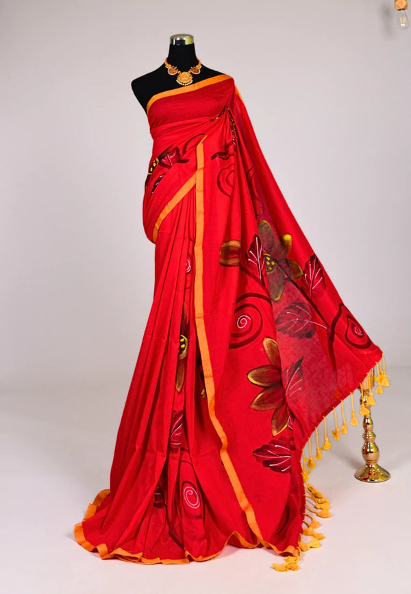 Red Handspun Pure Cotton Handpainted Floral Body Bengal Saree