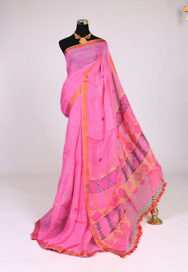 Rose-Pink Handloom Linen Plain Body Zari Pallu Bengal Saree