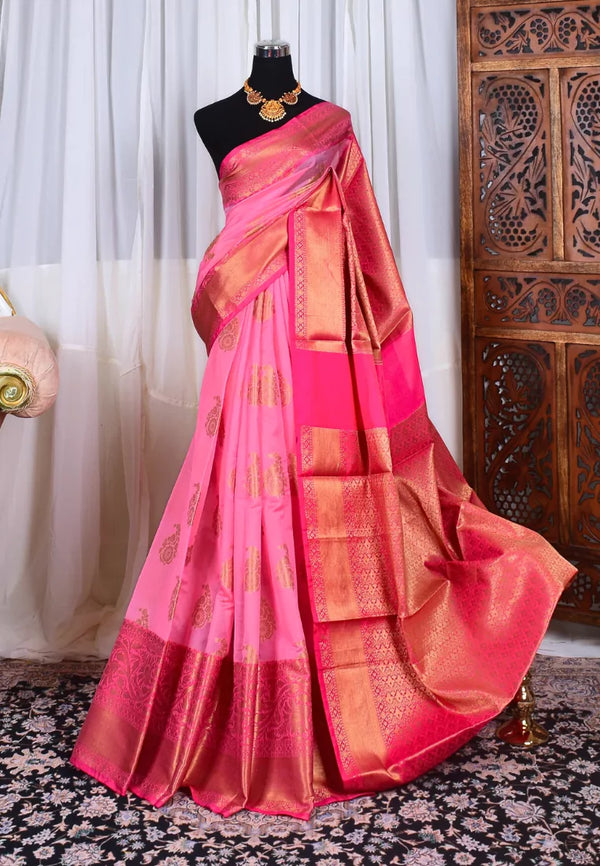 Rose-Pink Silk Cotton Almond Butta Banarasi Saree