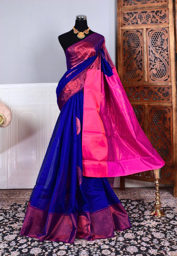 Royal-Blue Pink Soft Silk Cotton Mandala Border South Saree
