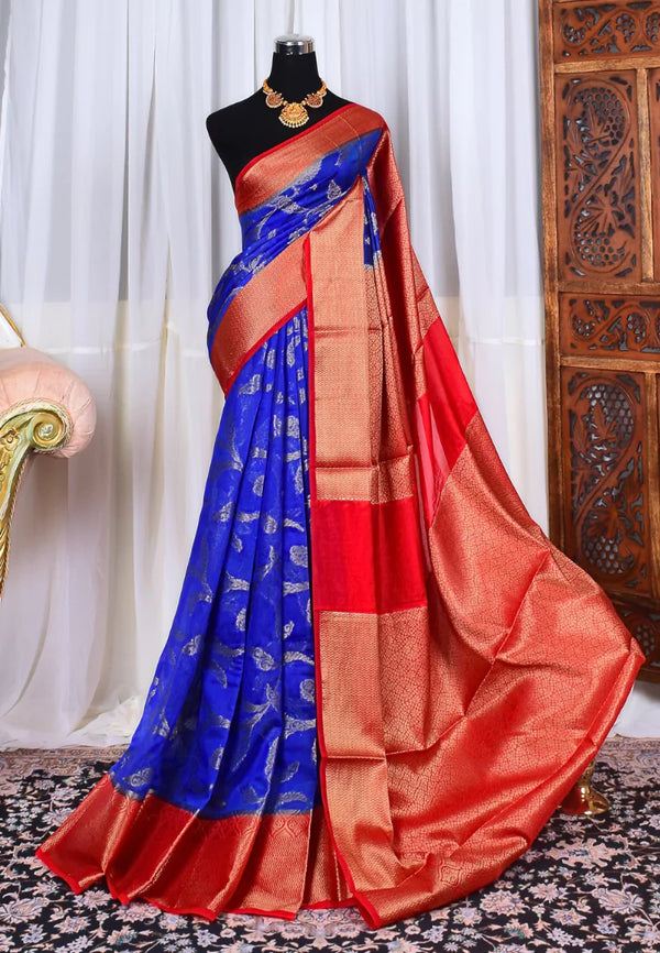 Royal-Blue Red Semi Georgette Contrast Pallu Banarasi Saree