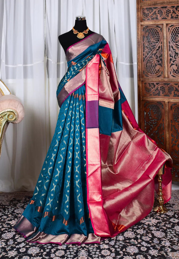 Sea-Green Pink Silk Cotton Contrast Pink Pallu Blouse Banarasi Saree