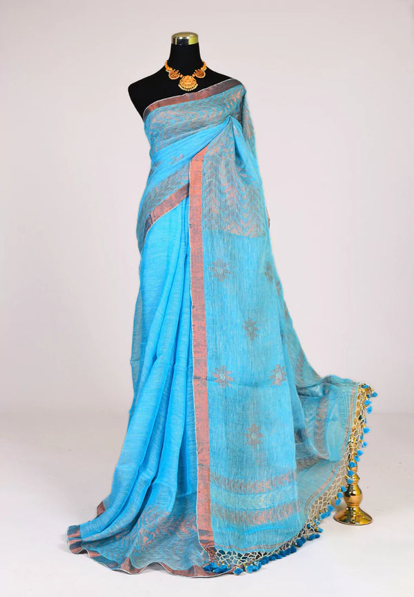 Sky-Blue Handloom Linen Copper Zari Butta Body Bengal Saree