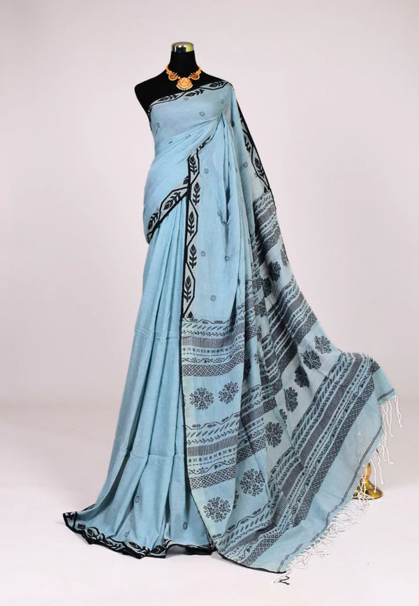 Sky-Blue Handwoven Mercerised Pure Cotton Minimalistic Design Bengal Saree