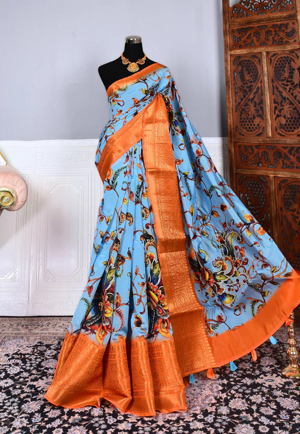 Sky-Blue Orange Poly Silk Flowy Bird Motif North Saree