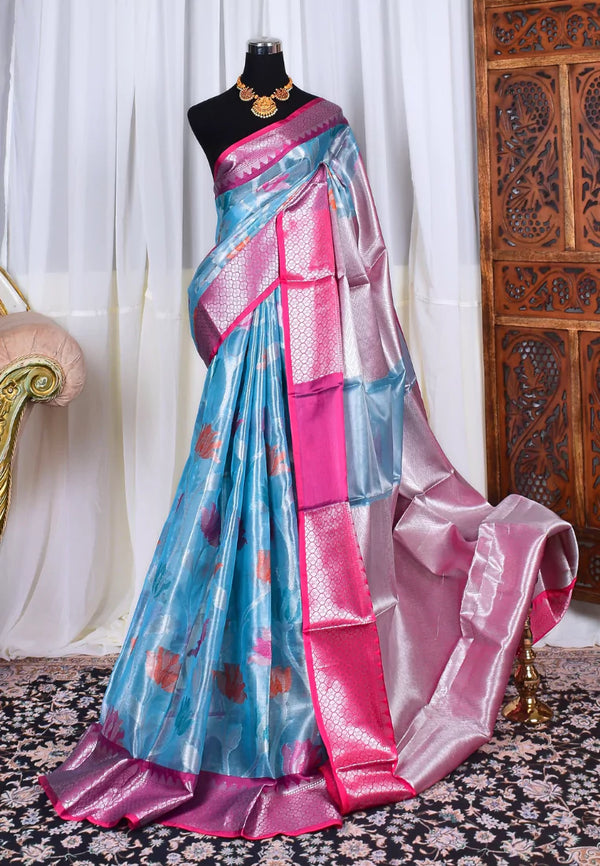 Sky-Blue Pink Tissue Silk Organza Floral Body Banarasi Saree