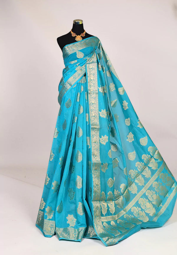 Sky-Blue Semi Georgette Silver Zari Butta Body Floral Pallu Banarasi Saree