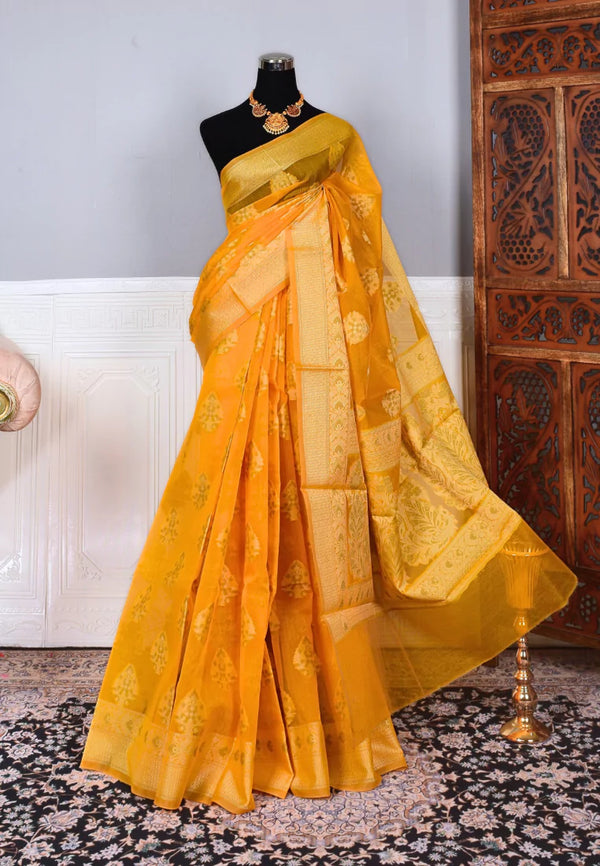 Sun-Yellow Silk Cotton Woven Butta Pallu Banarasi Saree