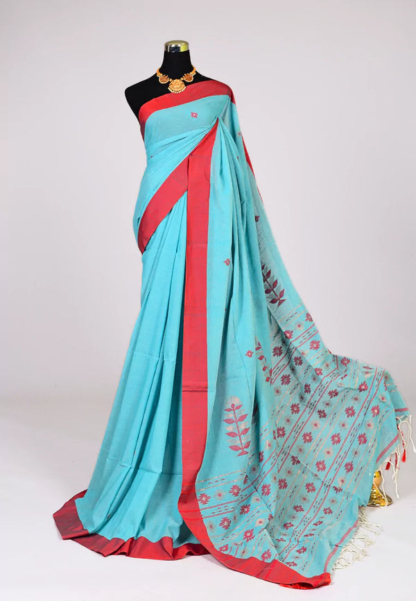 Turquoise Red Handloom Mercerised Pure Cotton Woven Butti Body Bengal Saree