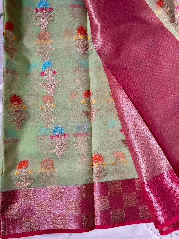 Mint Pink Soft Kora Organza Floral Butta Banarasi Saree
