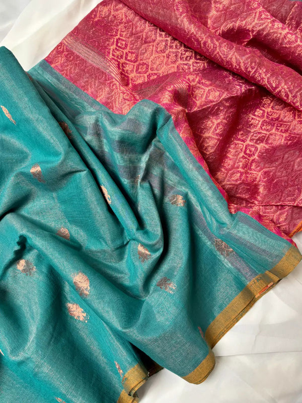Turquoise Pink Tissue Linen Woven Details Bengal Saree
