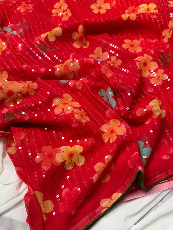 Chilli-Red Chiffon Sequin Stitched Floral North Saree