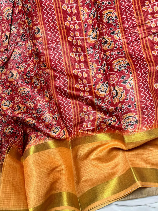 Red Yellow Soft Cotton Printed Details Saree
