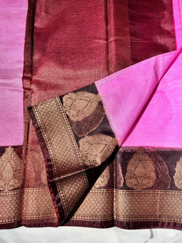 Pink Brown Soft Organza Striped Body Plain Banarasi Saree