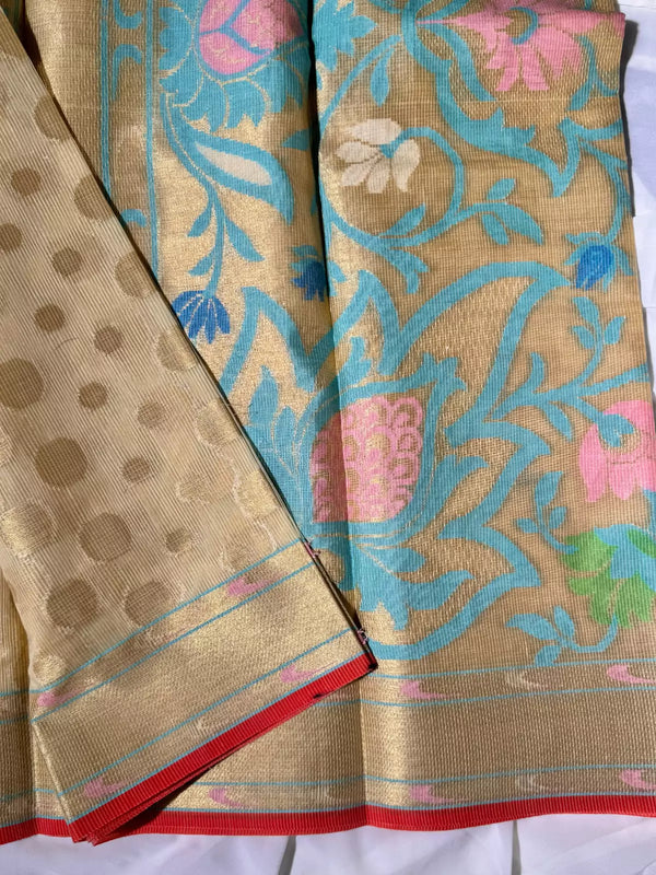 Cream Gold Kota Cotton Tissue Floral Pallu Banarasi Saree