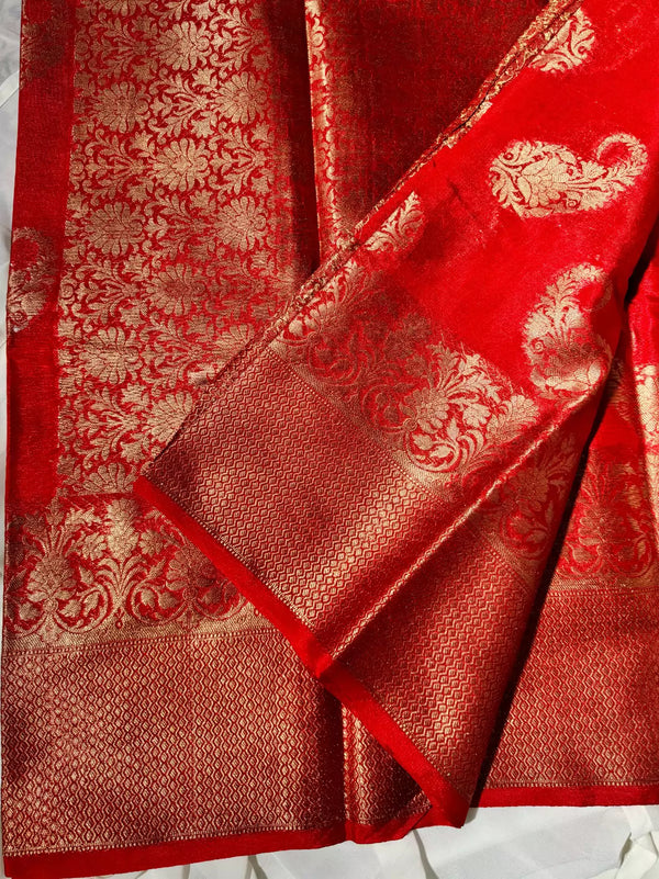 Chilli-Red Gold Semi Georgette Almond Butta Banarasi Saree