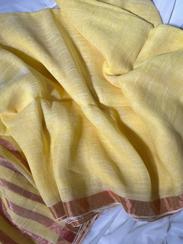 Pastel-Yellow Handloom Linen Bengal Saree