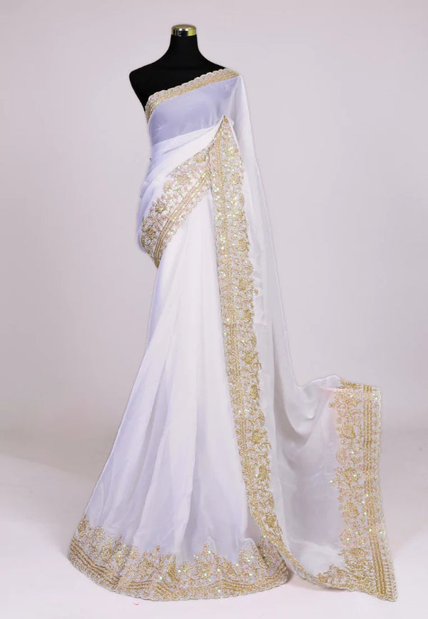 White Gold Premium Poly Silk Satin Finish Embroidered Heavy Border North Saree