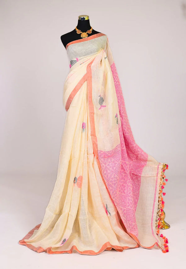 White Pink Handloom Linen Bird Butta Woven Body Bengal Saree