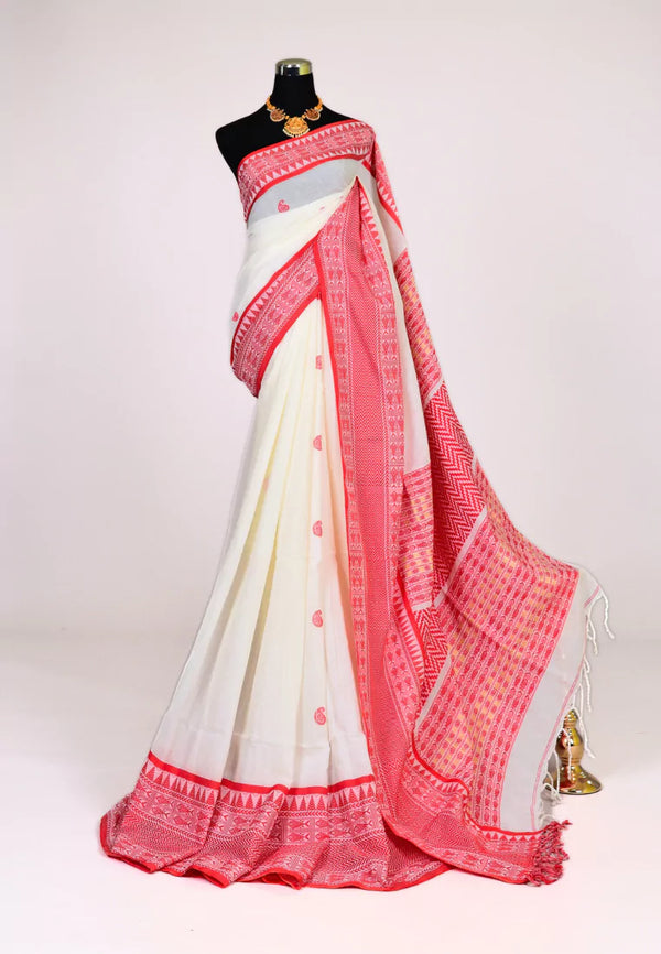 White-Red Handloom Mercerised Pure Cotton Thread Woven Butti Bengal Saree