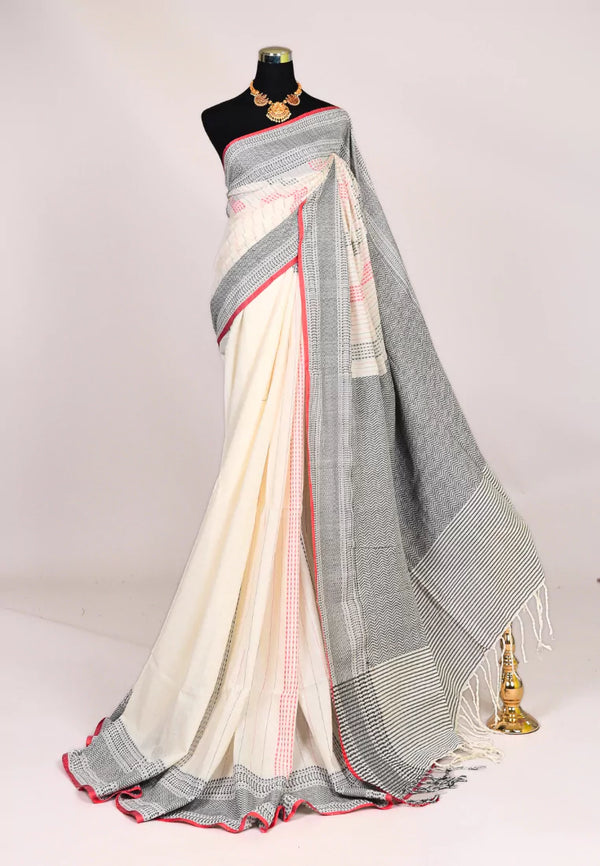 White Red Handloom Mercerised Pure Cotton Woven Body Bengal Saree