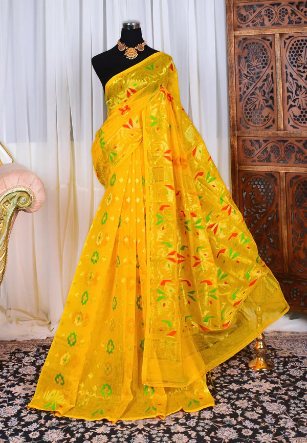 Yellow Gold Cotton Slub Thread Woven Jamdani Bengal Saree