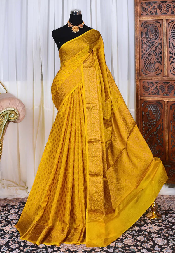 Yellow Gold Semi Georgette Butti Body Banarasi Saree