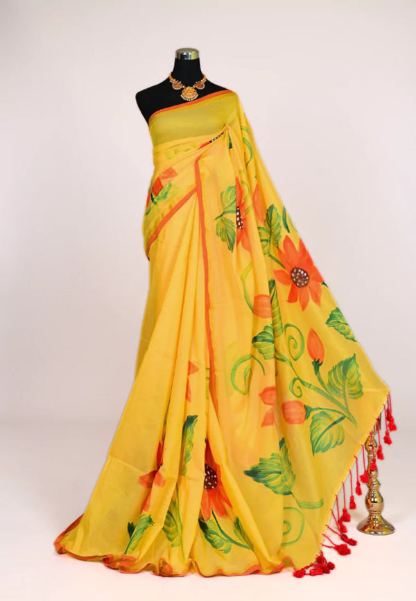 Yellow Handspun Pure Cotton Handpainted Floral Body Bengal Saree