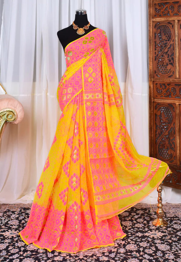Yellow Pink Cotton Slub Thread Woven Jamdani Bengal Saree