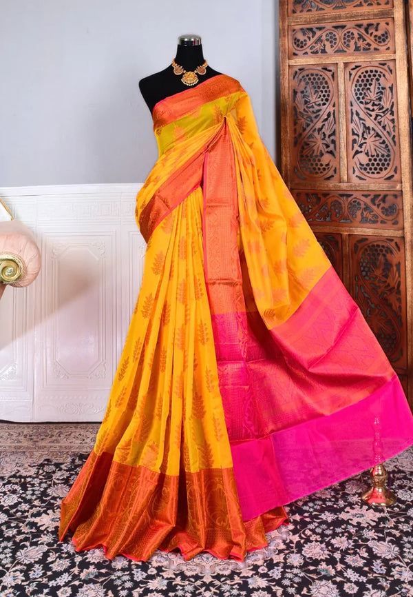 Yellow Pink Silk Cotton Butta Body Contrast Pallu Banarasi Saree
