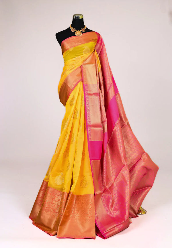 Yellow Pink Silk Cotton Butta Body Grand Pallu Banarasi Saree
