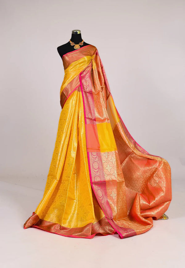 Yellow Pink Silk Tanchui Embossed Body Contrast Pallu Blouse Banarasi Saree