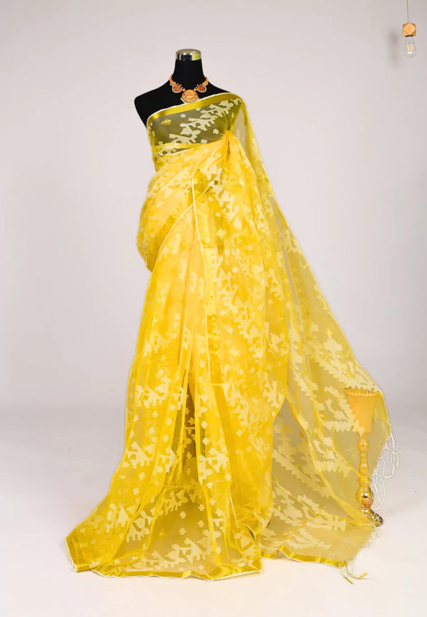 Yellow White Handloom Muslin Jamdani Thread Woven Floral Body Bengal Saree