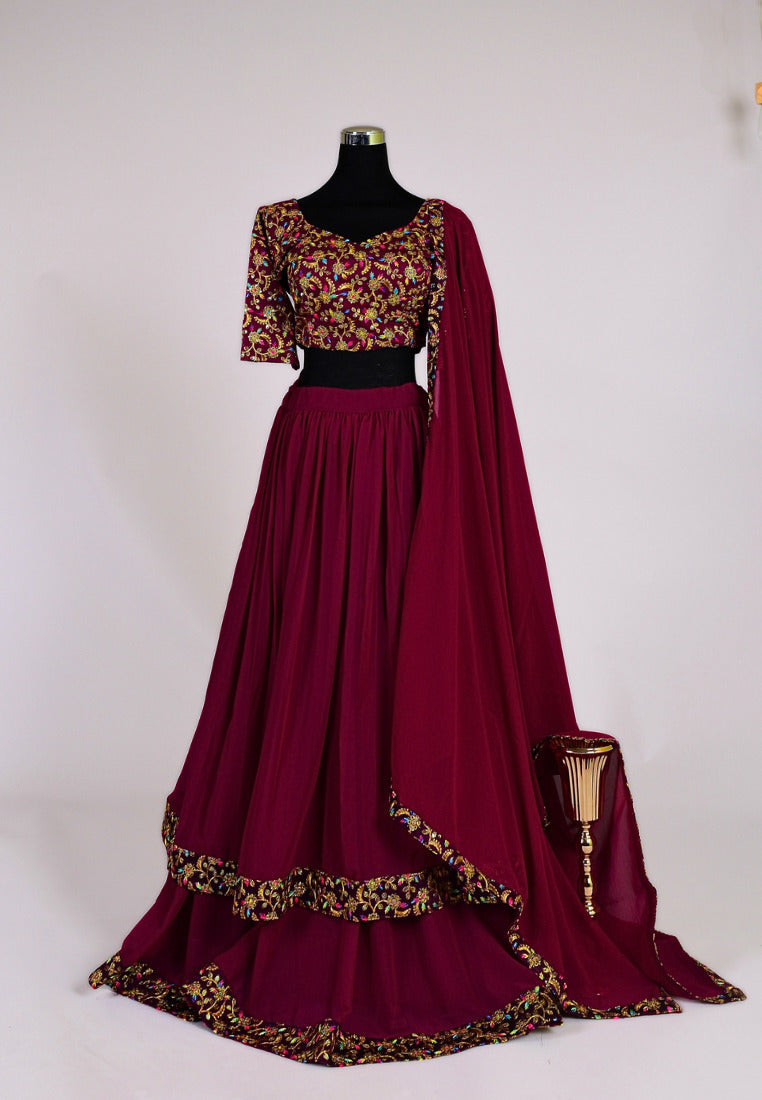 Wine Color Function Wear Captivating Lehenga In Net And Lycra Fabric