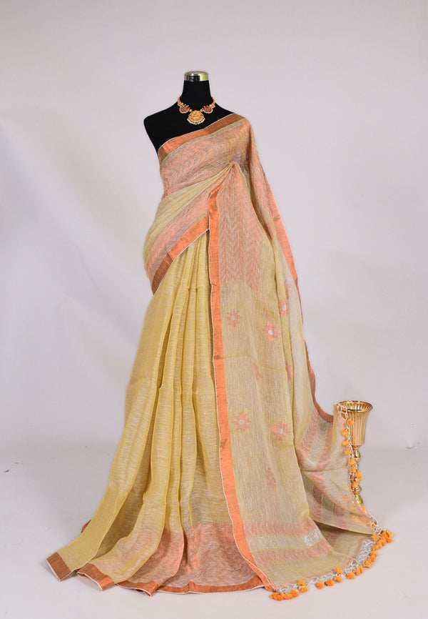 Beige Thread-Woven Handloom Pure-Linen Bengal Saree