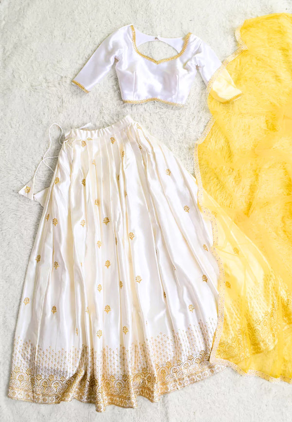 White-Gold Art-Silk Sequin-Embroidered Lehenga Skirt Blouse Dupatta Set