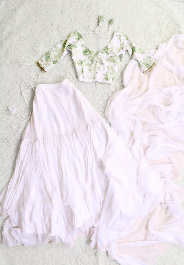 White-Green Chiffon Floral-Print Lehenga Skirt Blouse Dupatta Set