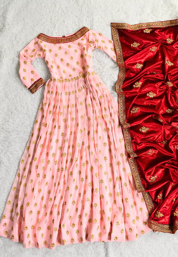 Baby-Pink Georgette Zari Embroidered Anarkali Kurti Dupatta Set