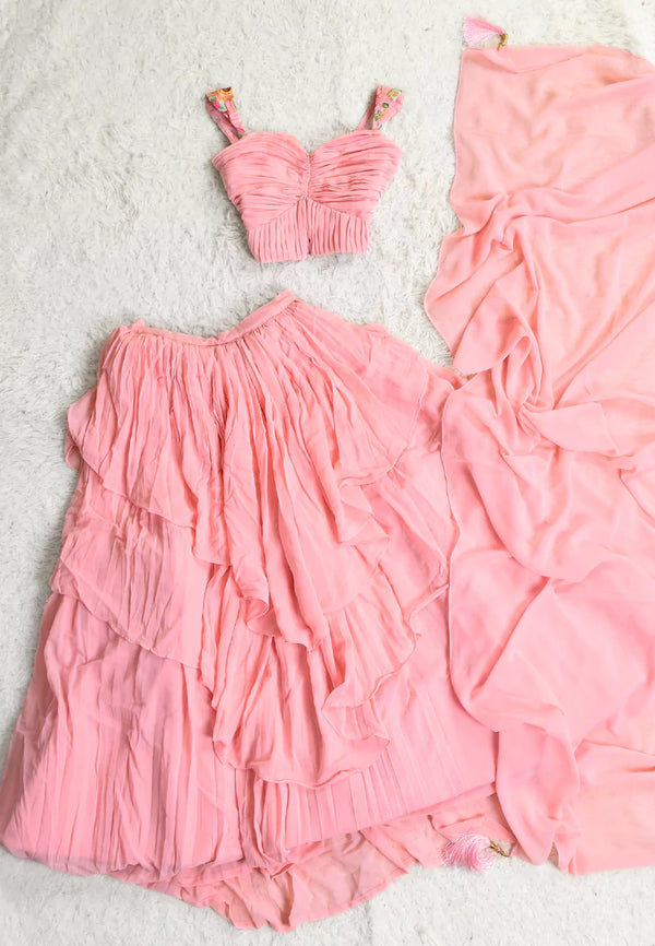 Baby-Pink Georgette Layered Lehenga Skirt Blouse Dupatta Set