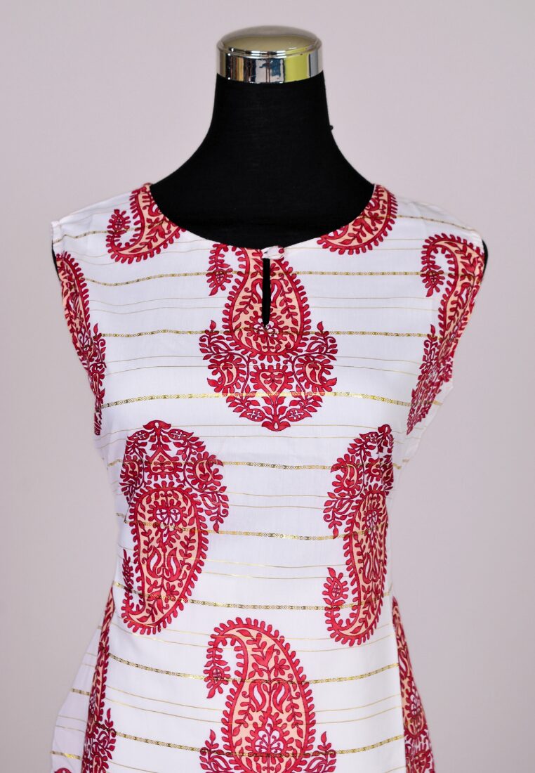 White Muslin-Zari Paisley-Print Kurti Set