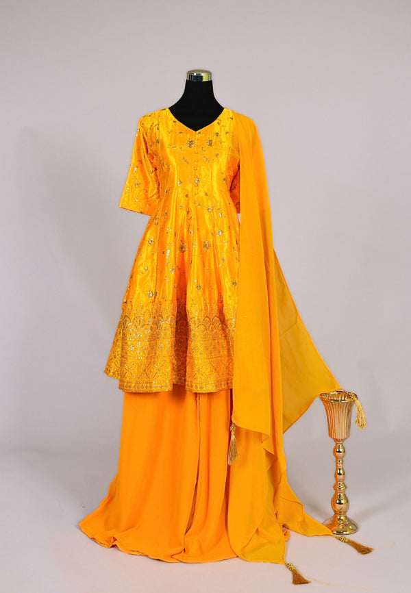 Yellow Embroidered Art-Silk Kurti , Sharara with Dupatta Set