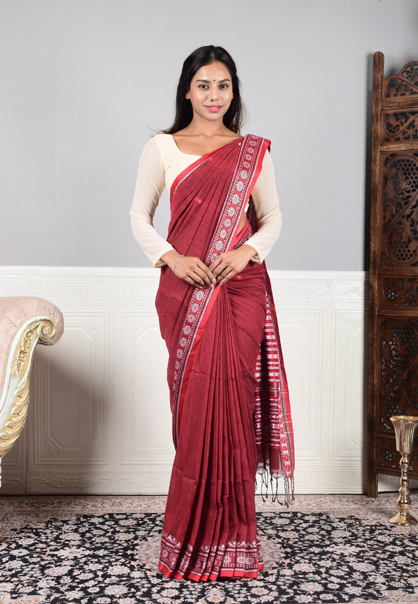 Red White Mercerised-Pure-Cotton Thread-Woven Bengal Saree
